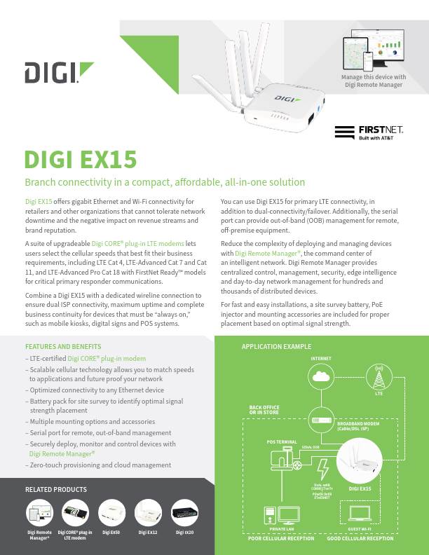 Digi EX15 - 2 port GigE; RF-45 RS232, US, No Wi-Fi; CAT 7; LTE-A / HSPA; AT&T, Verizon, Sprint; PTCRB